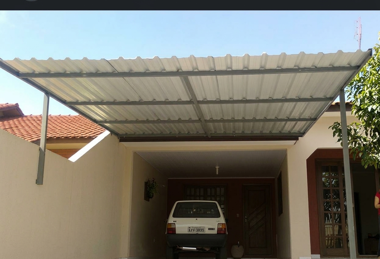 Cobertura Reta Inclinada para Garagem em Telha Metálica Trapezoidal com Estrutura Tubo de Aço